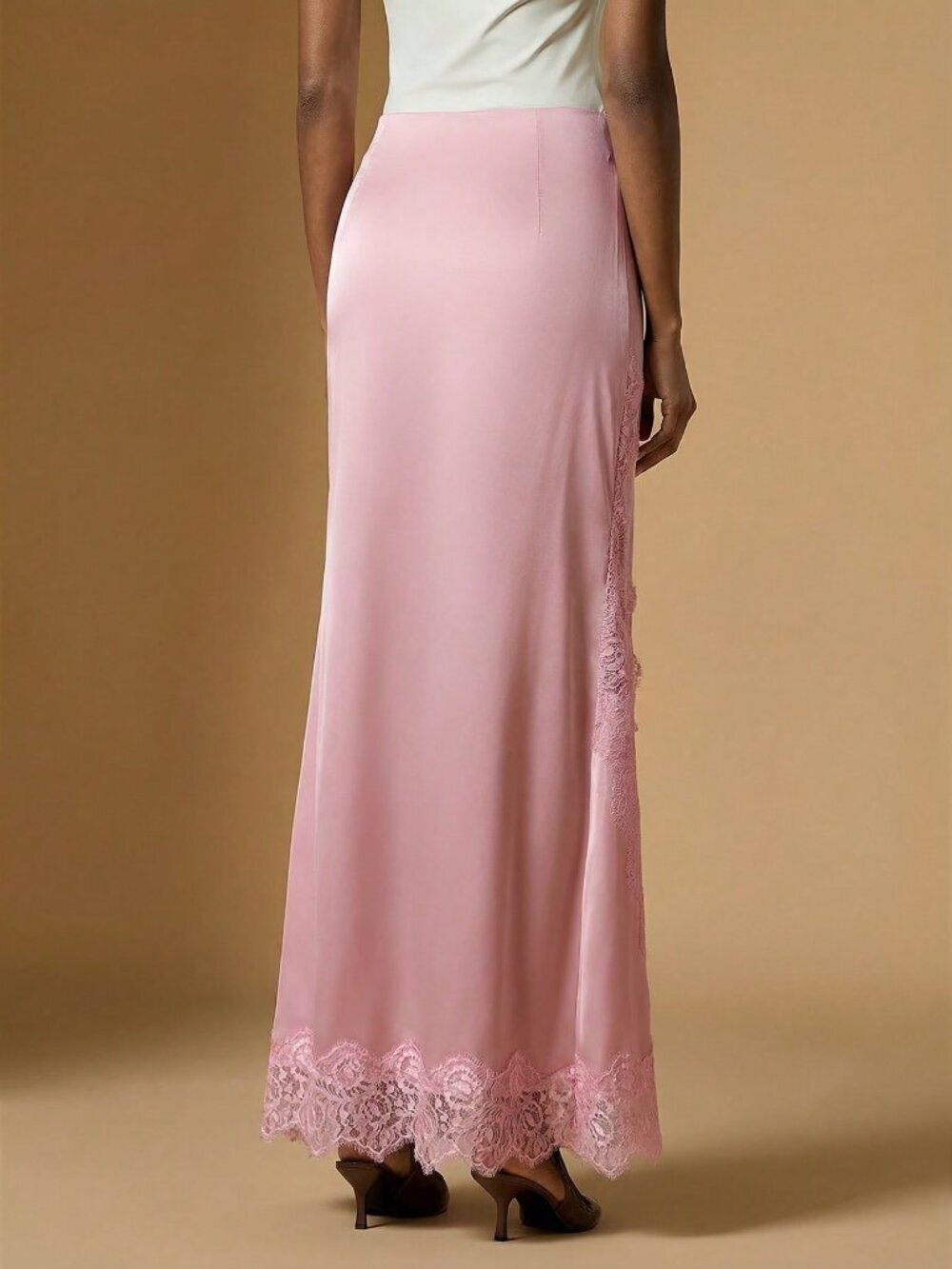 pink Elegant Women's Lace Patchwork satin Skirt - Picture 2 of 6